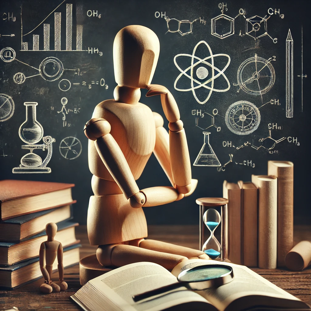 Holzfigur sitzt nachdenklich mit einem Buch und wissenschaftlichen Symbolen im Hintergrund – Darstellung der wissenschaftlichen Studienlage zum EMS-Training.