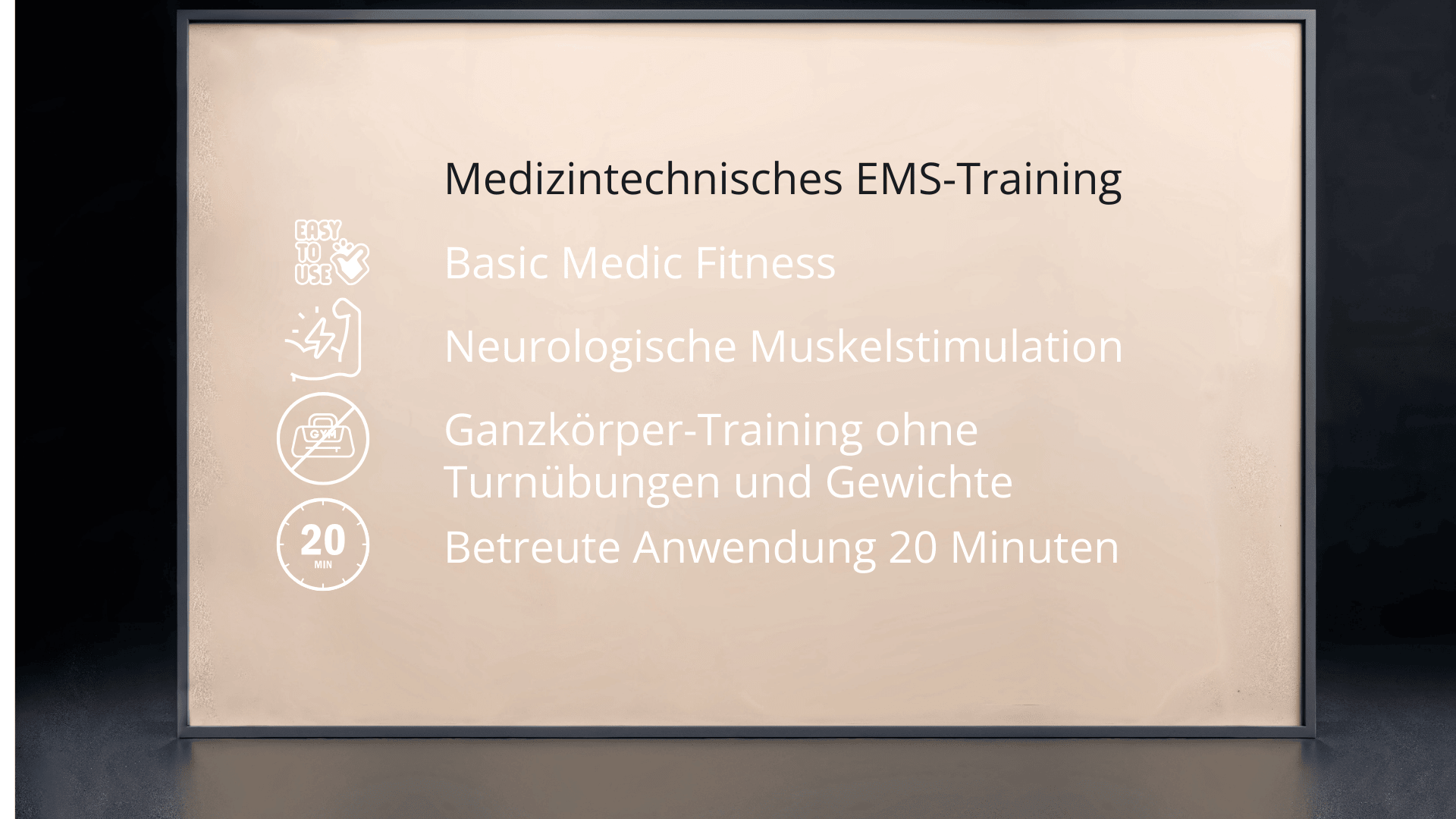 nfotafel zu medizinischem EMS-Training: Basic Medic Fitness, neurologische Muskelstimulation, betreute Anwendung in 20 Minuten.